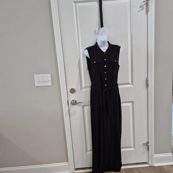 Calvin Klein Black and Gold Maxi Jumpsuit with Wide-Leg Design - Picture 1 of 8